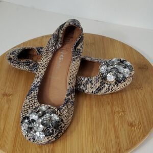 Jeffrey Campbell Snake Print Leather Ballet Flats with Gem Accents Women's 8